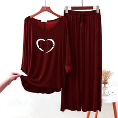 Maroon Printed V-Neck Palazzo Lounge Wear For Women PJ Set