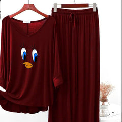 Maroon  Printed V-Neck Palazzo Lounge Wear For Women PJ Set